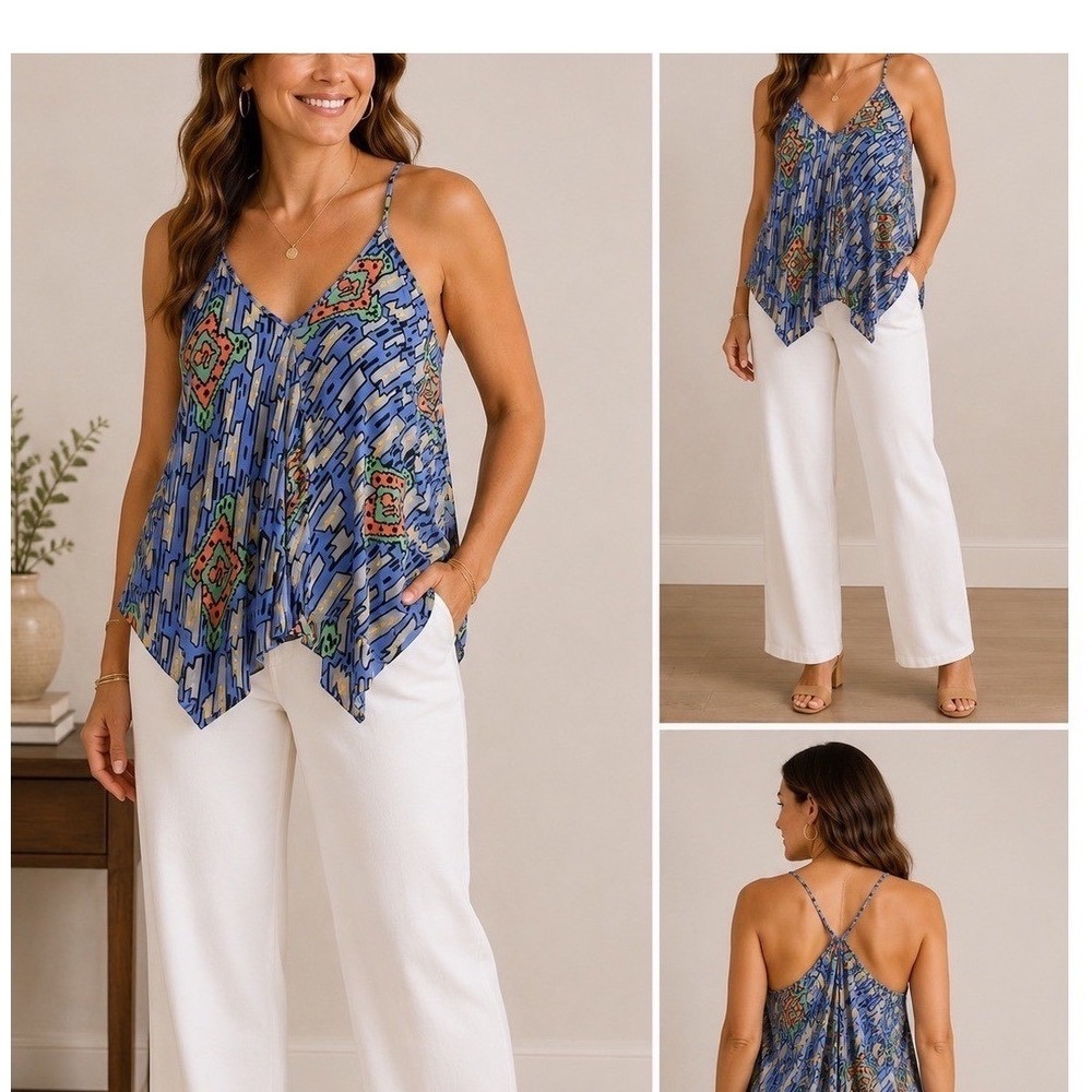 Amanda‎ Uprichard Silk Cami Top Womens Blue Geometric Handkerchief Hem Tank